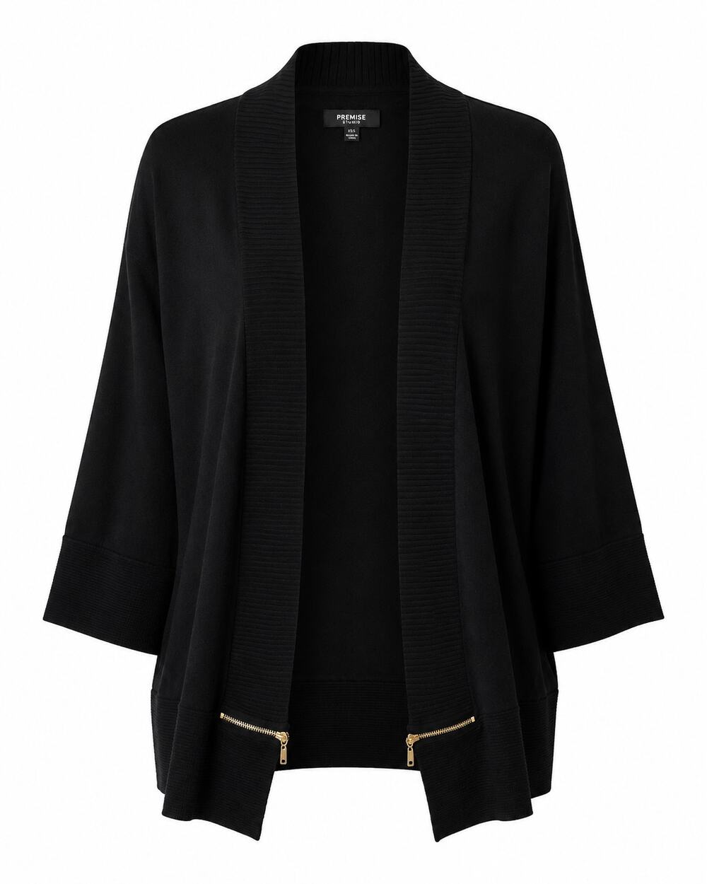 Premise Studio Black Open Cardigan 3X - 3/4 sleeves Ribbed Trim Gold Zip Detail